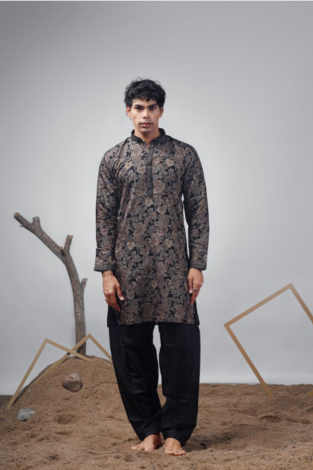 Black Modal Print Kurta | Classic Weaved Print Design with Matching Cotton Bottom