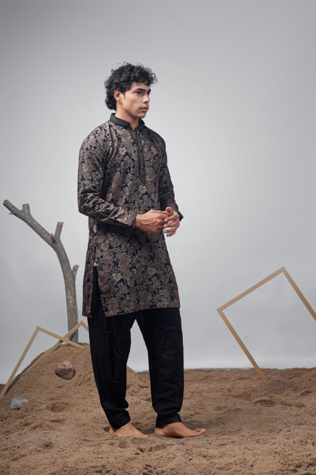Black Modal Print Kurta | Classic Weaved Print Design with Matching Cotton Bottom