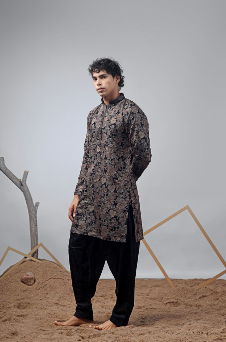 Black Modal Print Kurta | Classic Weaved Print Design with Matching Cotton Bottom