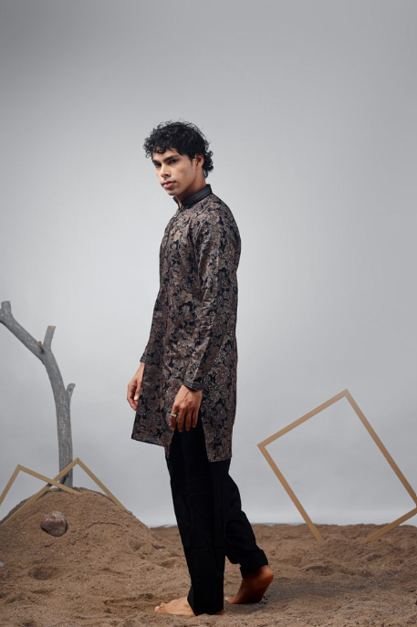 Black Modal Print Kurta | Classic Weaved Print Design with Matching Cotton Bottom