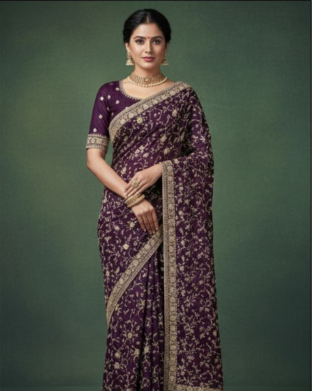 Regal Pure Satin Saree | Intricate Embroidery with Zari Accents