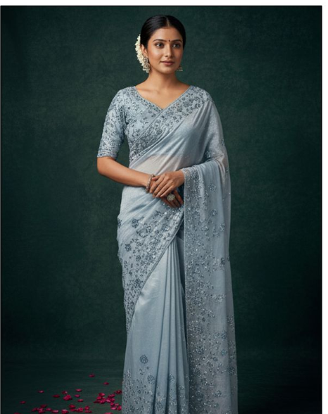 Exquisite Organza Tissue Silk Saree | Hand-Embroidered with Stone Detailing