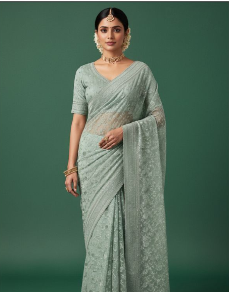 Elegant Organza Tissue Silk Saree | Hand-Embroidered with Stone Detailing