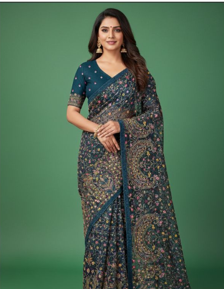 Sophisticated Organza Tissue Silk Saree | Artisanal Thread Embroidery with Stone Work