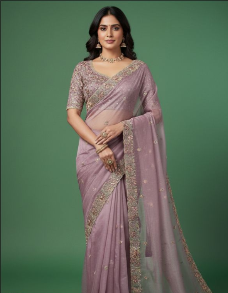 Exquisite Organza Tissue Silk Saree | Hand-Embroidered with Stone Accents