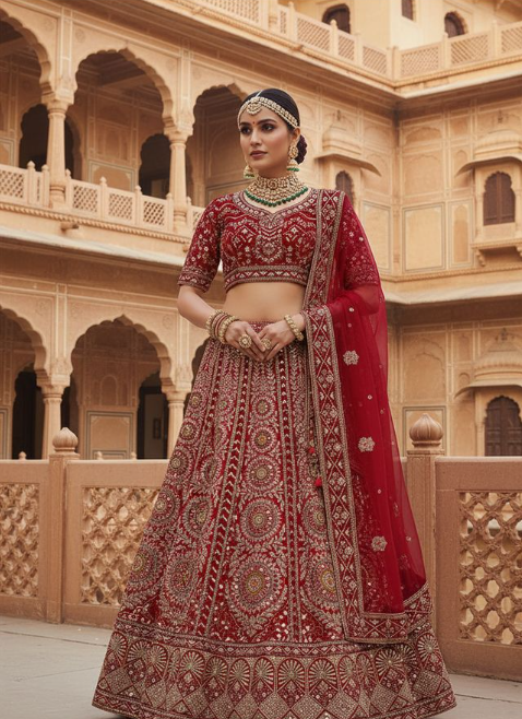 Royal Red Velvet Lehenga N890 | Cord Embroidery with Beads & Stone Work