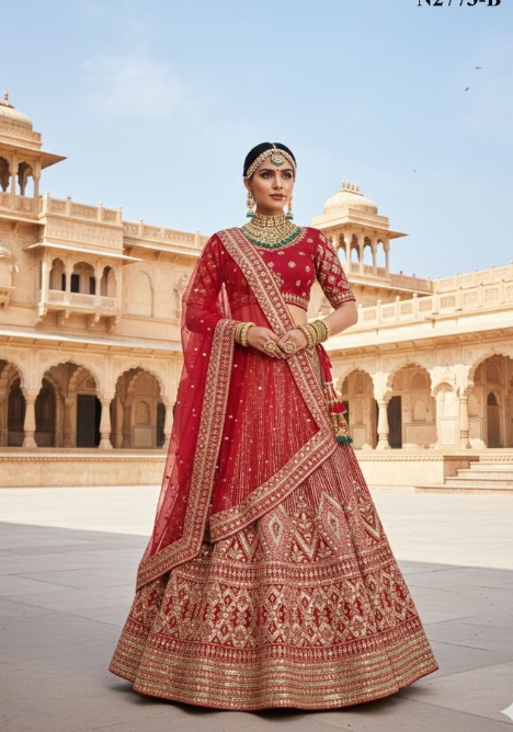Crimson Velvet Lehenga N2740-A | Mirror & Thread Embroidery Couture