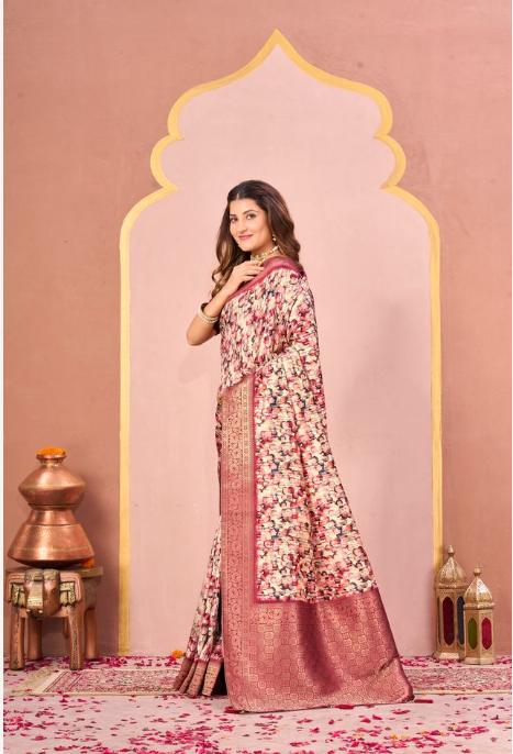 Autumn Rust Tussar Silk Jacquard Saree | Abstract Digital Print with Unstitched Blouse