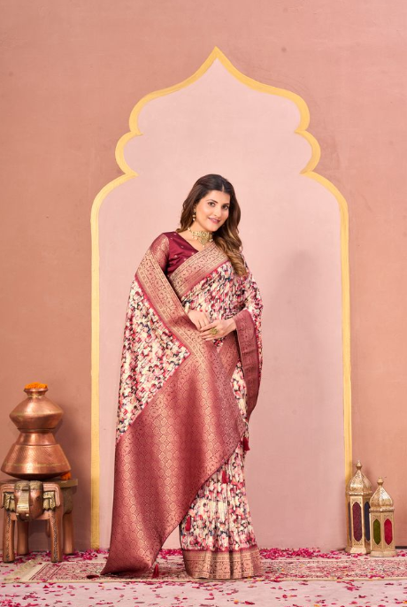 Autumn Rust Tussar Silk Jacquard Saree | Abstract Digital Print with Unstitched Blouse