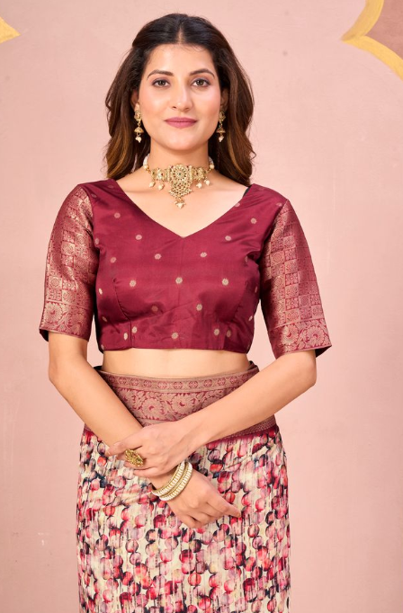 Autumn Rust Tussar Silk Jacquard Saree | Abstract Digital Print with Unstitched Blouse