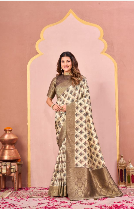 Mehandi Green Tussar Silk Jacquard Saree | Abstract Digital Print with Unstitched Blouse