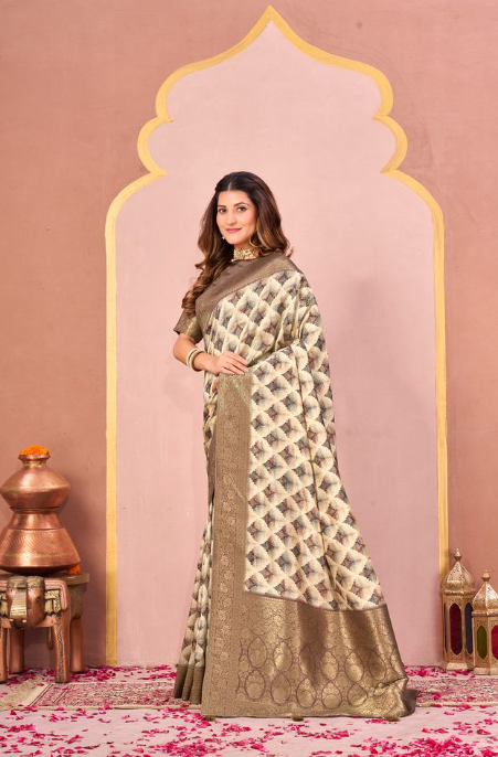 Mehandi Green Tussar Silk Jacquard Saree | Abstract Digital Print with Unstitched Blouse