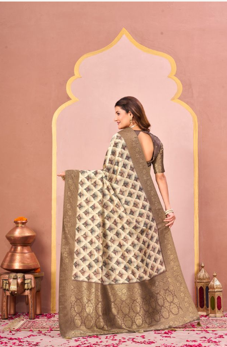 Mehandi Green Tussar Silk Jacquard Saree | Abstract Digital Print with Unstitched Blouse