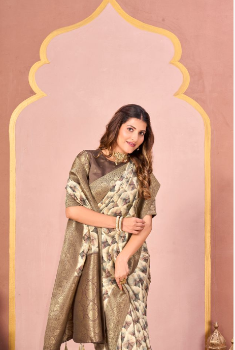 Mehandi Green Tussar Silk Jacquard Saree | Abstract Digital Print with Unstitched Blouse