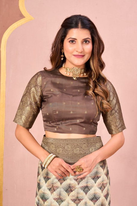 Traditional Gajari Tussar Silk Jacquard Saree | Abstract Digital Print with Unstitched Blouse