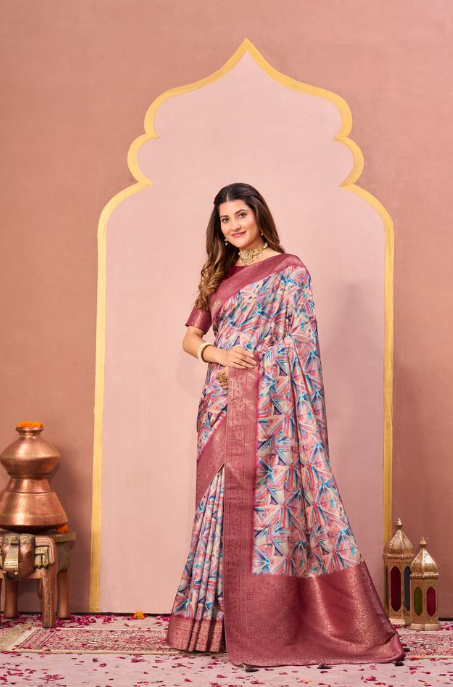 Traditional Gajari Tussar Silk Jacquard Saree | Abstract Digital Print with Unstitched Blouse