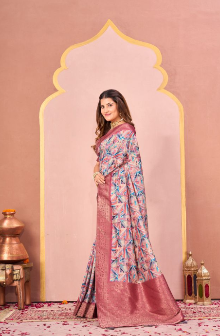 Traditional Gajari Tussar Silk Jacquard Saree | Abstract Digital Print with Unstitched Blouse