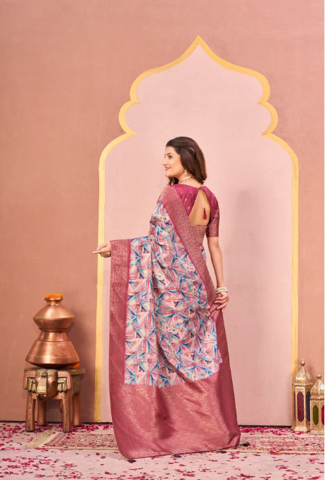Traditional Gajari Tussar Silk Jacquard Saree | Abstract Digital Print with Unstitched Blouse