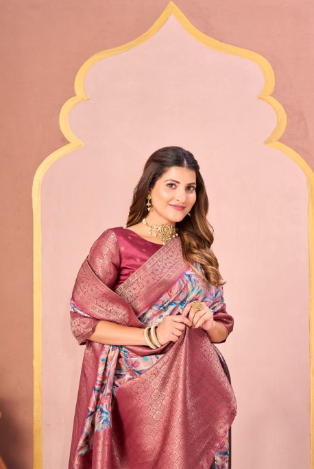 Traditional Gajari Tussar Silk Jacquard Saree | Abstract Digital Print with Unstitched Blouse