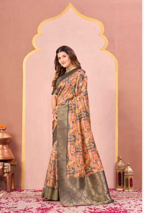 Sophisticated Grey Tussar Silk Jacquard Saree | Abstract Digital Print with Unstitched Blouse