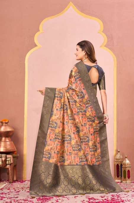 Sophisticated Grey Tussar Silk Jacquard Saree | Abstract Digital Print with Unstitched Blouse