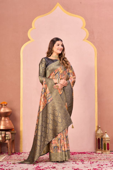 Sophisticated Grey Tussar Silk Jacquard Saree | Abstract Digital Print with Unstitched Blouse