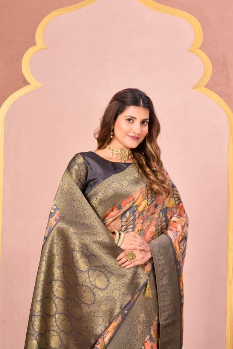 Sophisticated Grey Tussar Silk Jacquard Saree | Abstract Digital Print with Unstitched Blouse