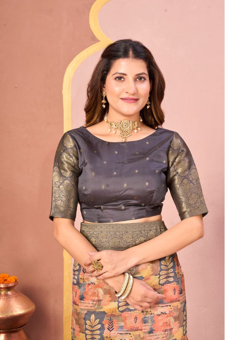 Sophisticated Grey Tussar Silk Jacquard Saree | Abstract Digital Print with Unstitched Blouse