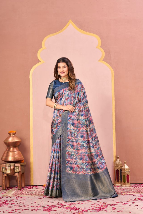 Royal Blue Tussar Silk Jacquard Saree | Abstract Digital Print with Unstitched Blouse