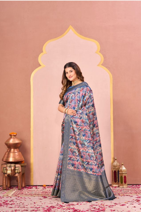 Royal Blue Tussar Silk Jacquard Saree | Abstract Digital Print with Unstitched Blouse