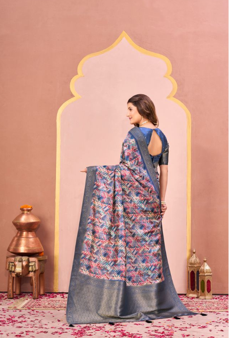 Royal Blue Tussar Silk Jacquard Saree | Abstract Digital Print with Unstitched Blouse