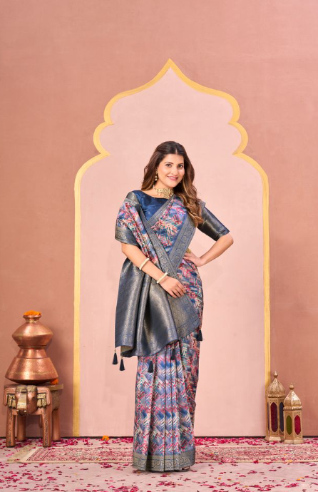 Royal Blue Tussar Silk Jacquard Saree | Abstract Digital Print with Unstitched Blouse