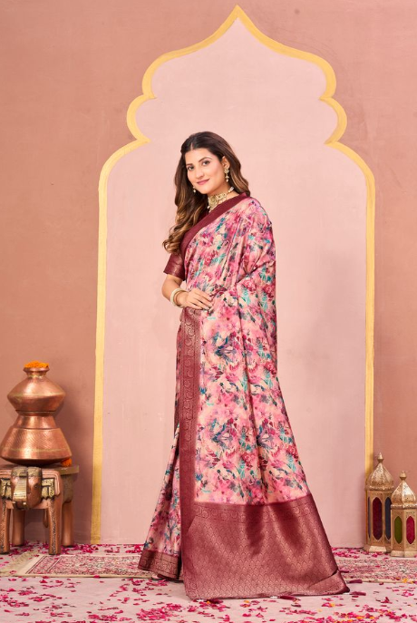 Classic Maroon Tussar Silk Jacquard Saree | Abstract Digital Print with Unstitched Blouse