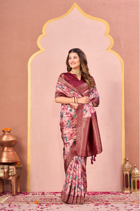 Classic Maroon Tussar Silk Jacquard Saree | Abstract Digital Print with Unstitched Blouse