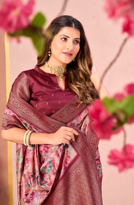 Classic Maroon Tussar Silk Jacquard Saree | Abstract Digital Print with Unstitched Blouse