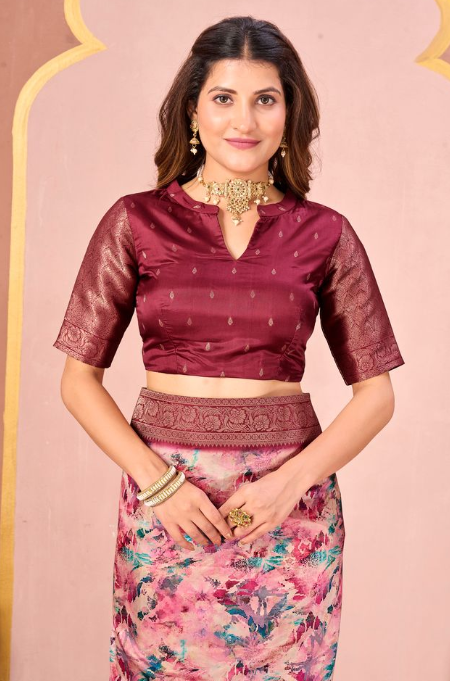 Classic Maroon Tussar Silk Jacquard Saree | Abstract Digital Print with Unstitched Blouse