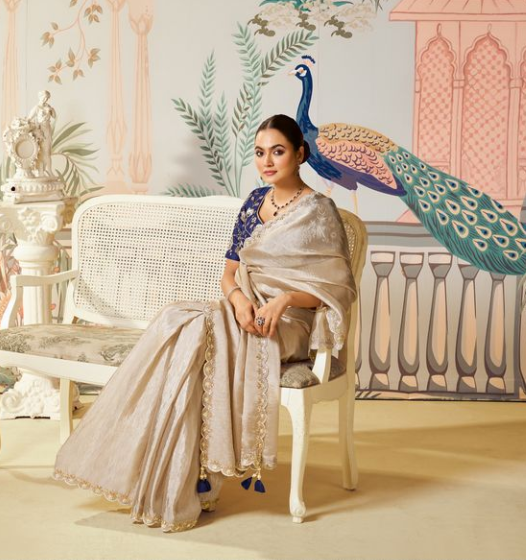 Tusser Tussar Silk Saree with Blue Raw Satin Blouse | Dual Sequence Work