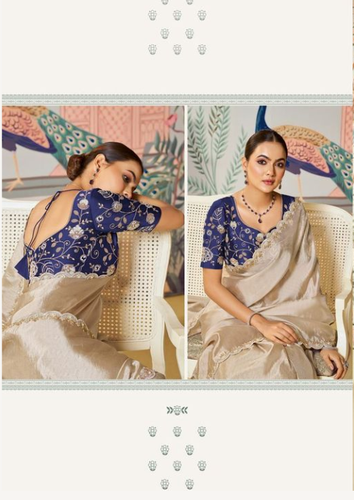 Tusser Tussar Silk Saree with Blue Raw Satin Blouse | Dual Sequence Work