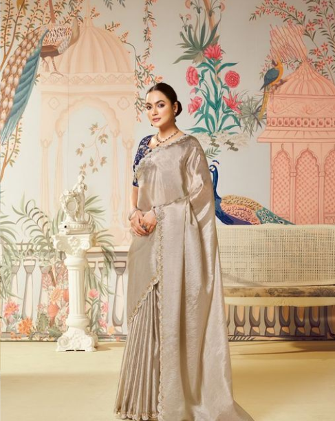 Tusser Tussar Silk Saree with Blue Raw Satin Blouse | Dual Sequence Work