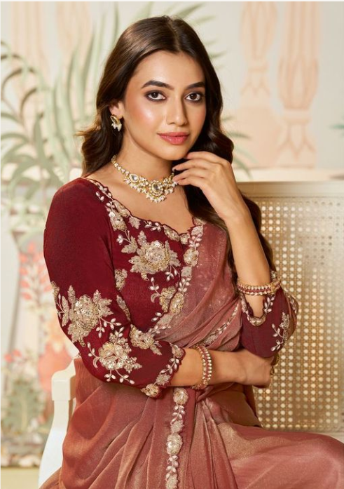 Ginger Moss Satin Silk Organza Saree | Dual Sequence, Embroidery & Handwork