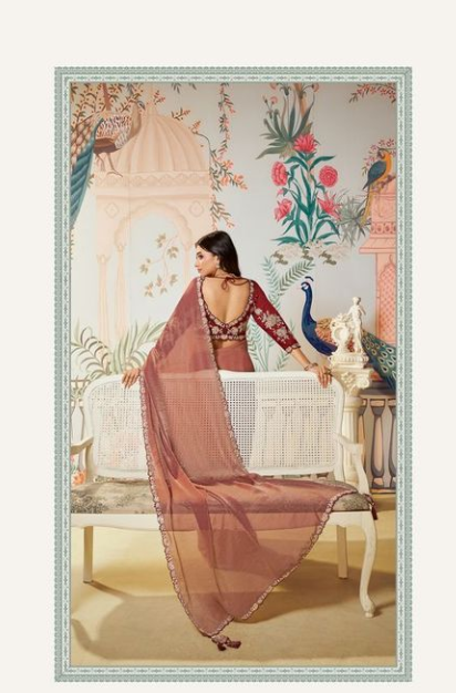 Ginger Moss Satin Silk Organza Saree | Dual Sequence, Embroidery & Handwork