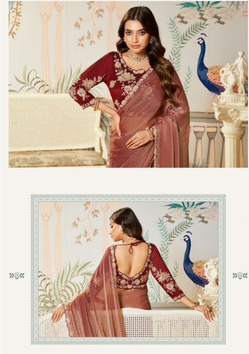 Ginger Moss Satin Silk Organza Saree | Dual Sequence, Embroidery & Handwork