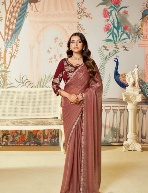 Ginger Moss Satin Silk Organza Saree | Dual Sequence, Embroidery & Handwork