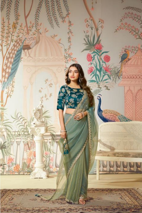 Pista Green Zari Organza Silk Saree with Teal Blouse | Dual Sequence & Embroidery
