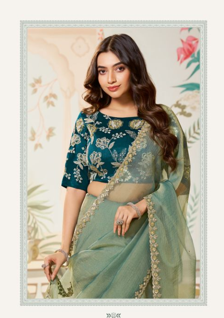 Pista Green Zari Organza Silk Saree with Teal Blouse | Dual Sequence & Embroidery