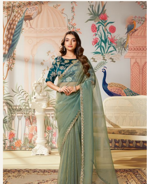 Pista Green Zari Organza Silk Saree with Teal Blouse | Dual Sequence & Embroidery