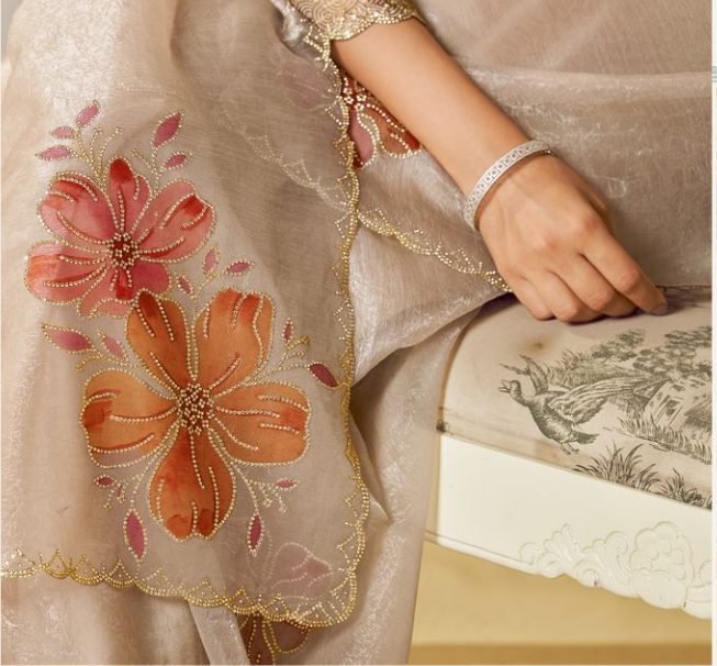 Chiku Satin Organza Silk Saree | Swarovski Diamond Work & Brush Print