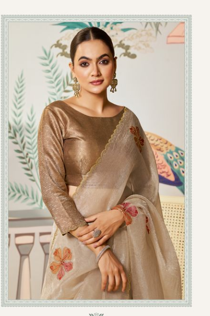 Chiku Satin Organza Silk Saree | Swarovski Diamond Work & Brush Print