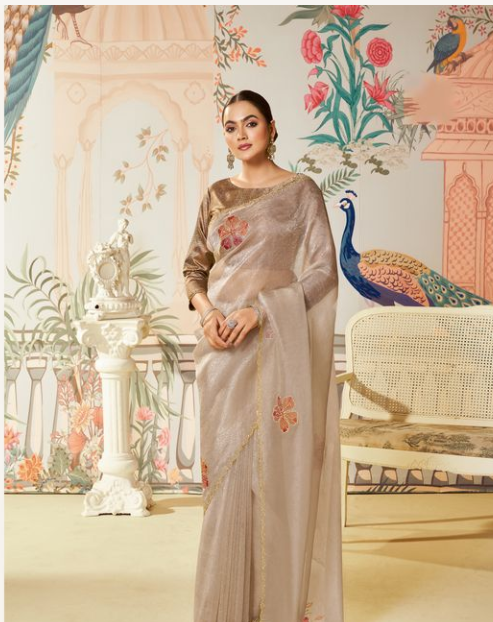 Chiku Satin Organza Silk Saree | Swarovski Diamond Work & Brush Print