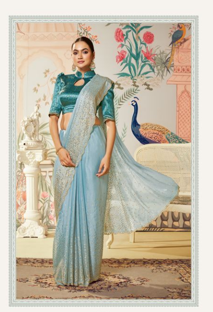 Firoji Satin Silk Saree | Sequence & Swarovski Diamond Hand Work